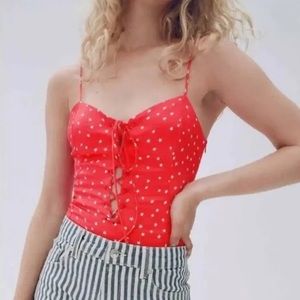 ZARA Women’s Red Star Printed Satin Effect Bodysuit Size Small